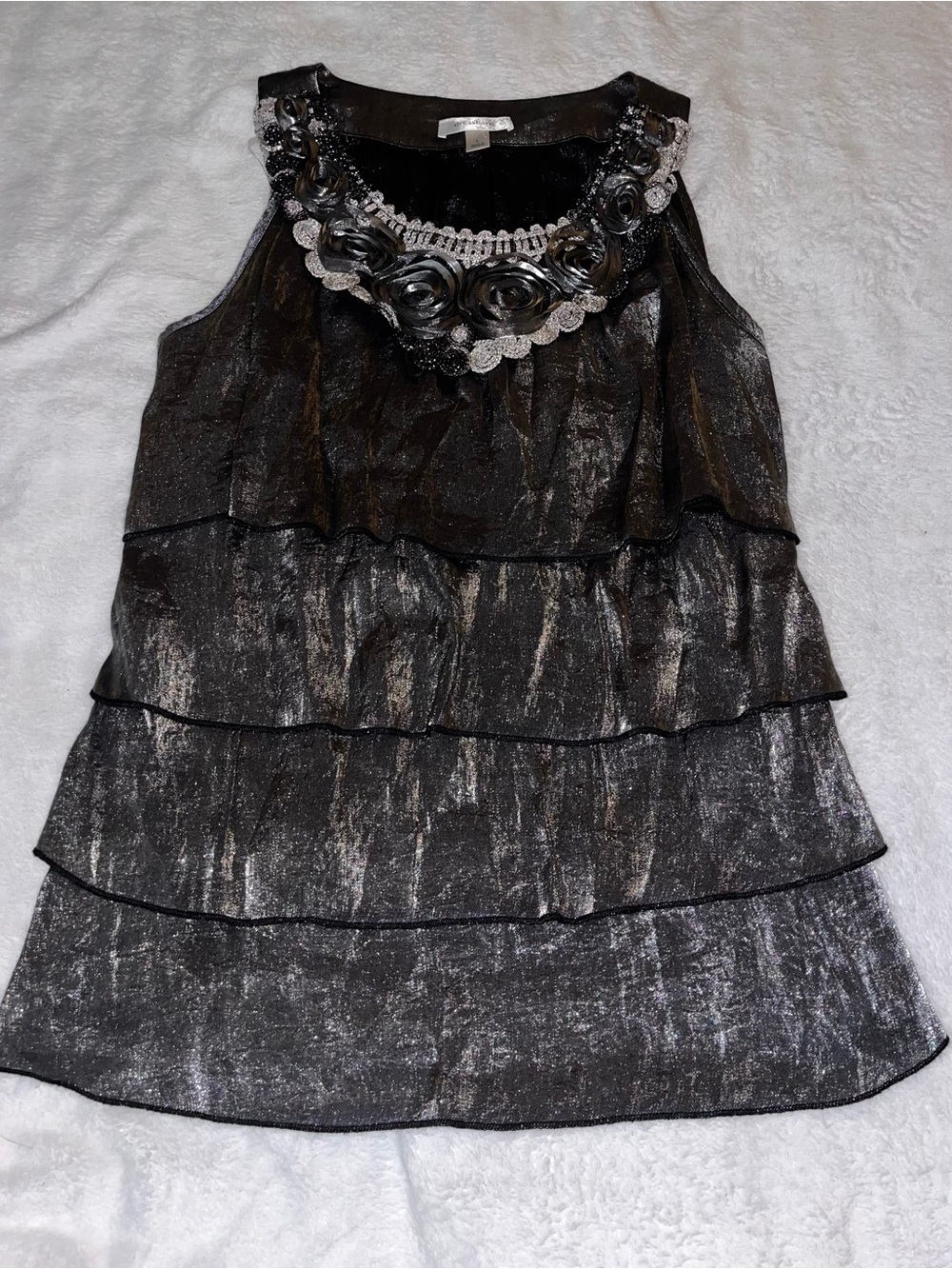 Embellished Tiered Metallic Black Sleeveless Dressy Top